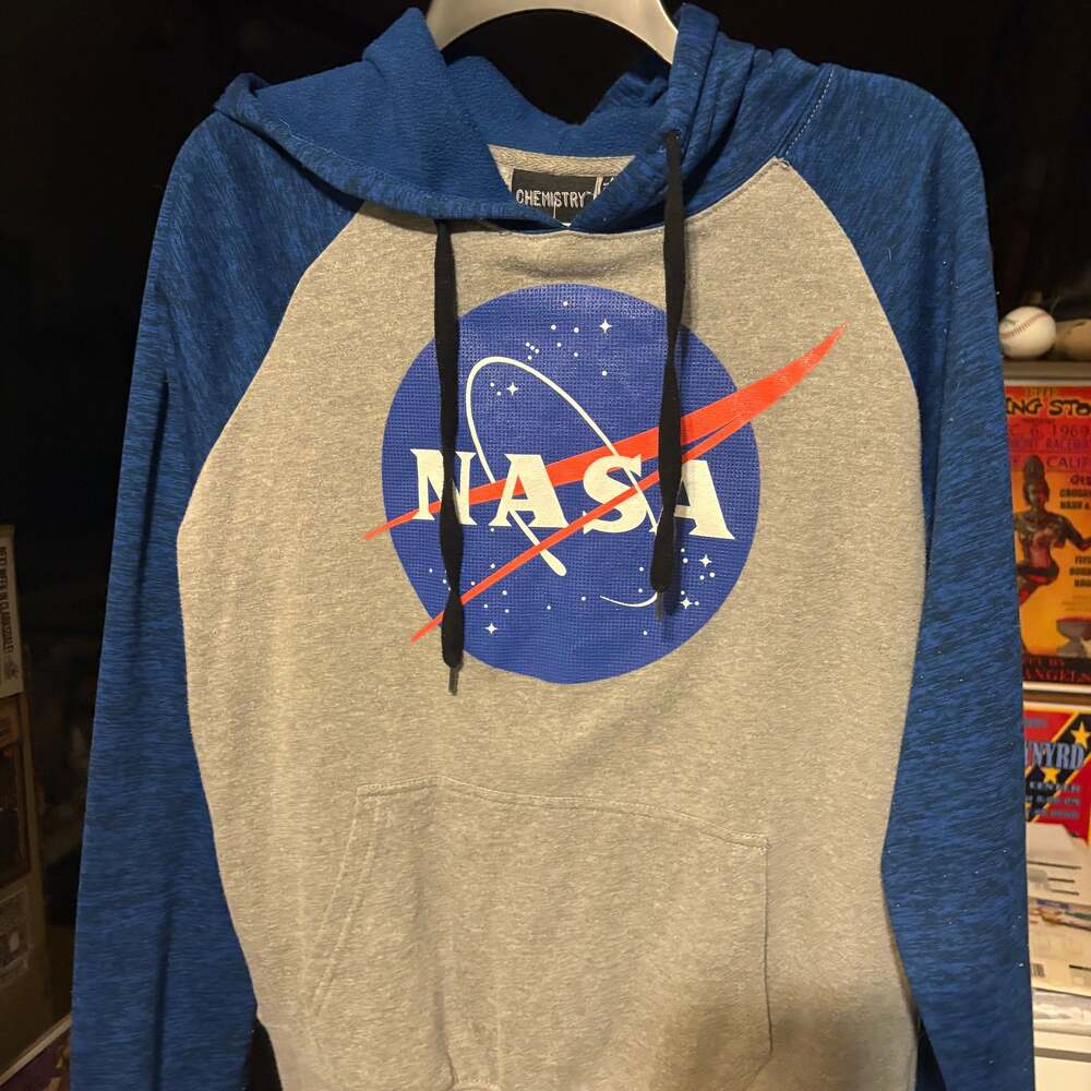 Chemistry NASA Graphic Logo Raglan Pullover Hoodie Gray and Blue